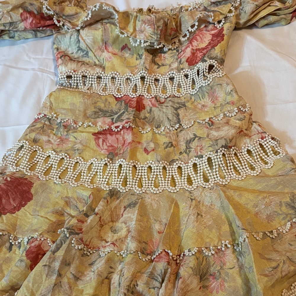 Zimmermann Yellow Floral Puff-Sleeve Dress with Pearl Trim - Picture 5 of 7